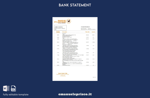 modello word di estratto conto bancario Mali Banque Atlantiaque in stile verific